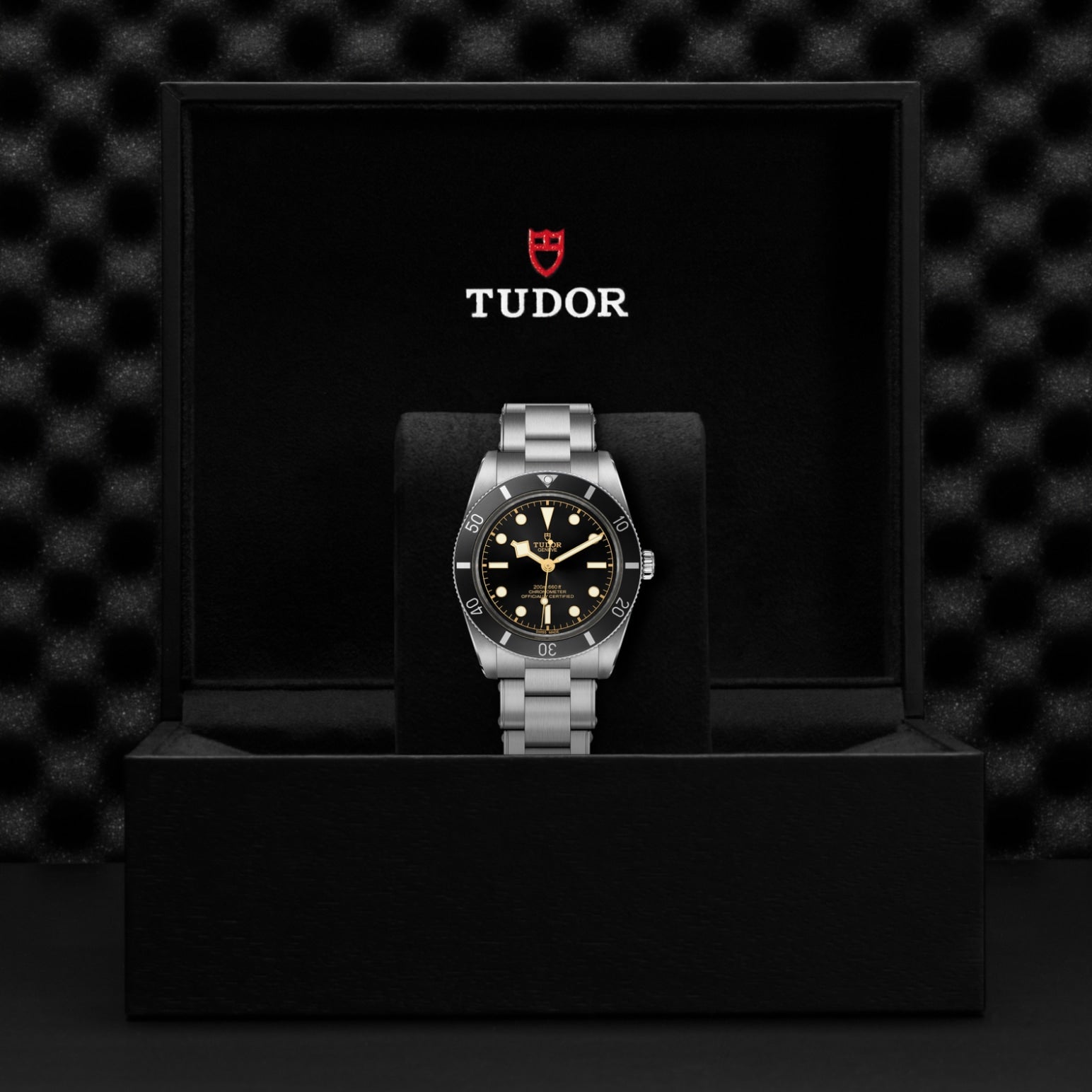 A TUDOR Black Bay 54 dive watch with a black dial and steel band sits in an open TUDOR box, its 37mm steel case displayed against a textured black background.