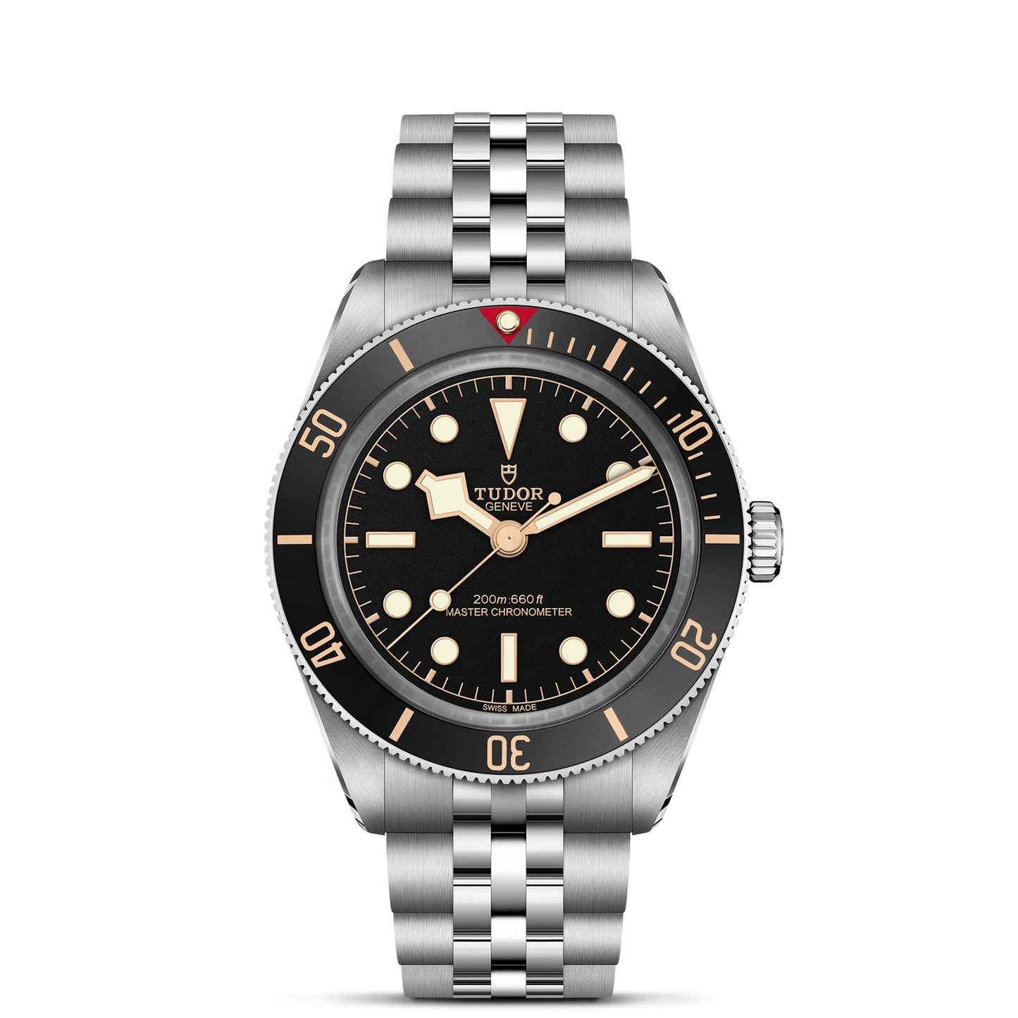 The TUDOR Black Bay 58 dive watch features a stainless steel case, black bezel and dial, luminous markers, signature "snowflake" hands, and a silver jubilee-style bracelet. The dial displays the TUDOR logo and the words "Master Chronometer.