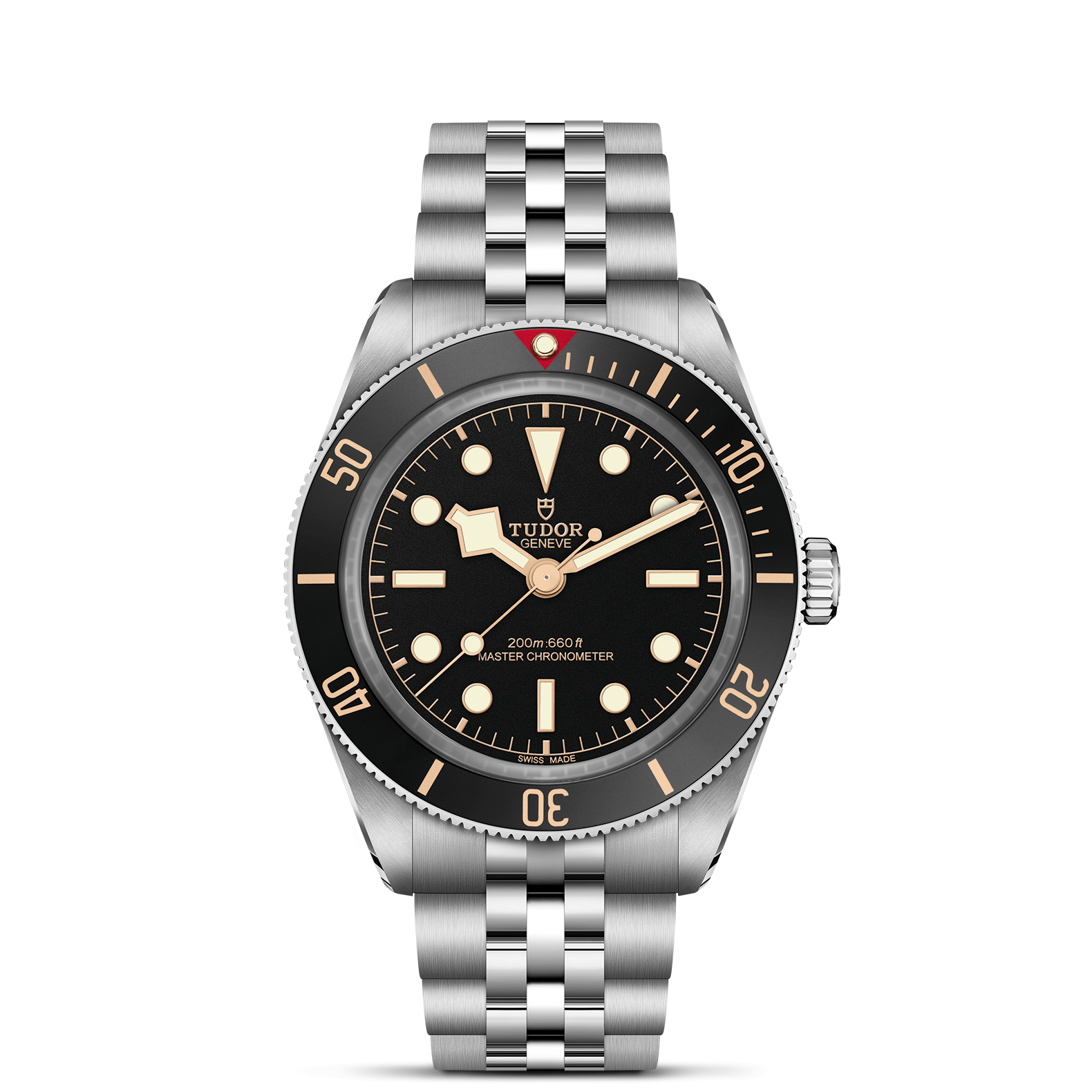 The TUDOR Black Bay 58 dive watch features a stainless steel case, black bezel and dial, luminous markers, signature "snowflake" hands, and a silver jubilee-style bracelet. The dial displays the TUDOR logo and the words "Master Chronometer.