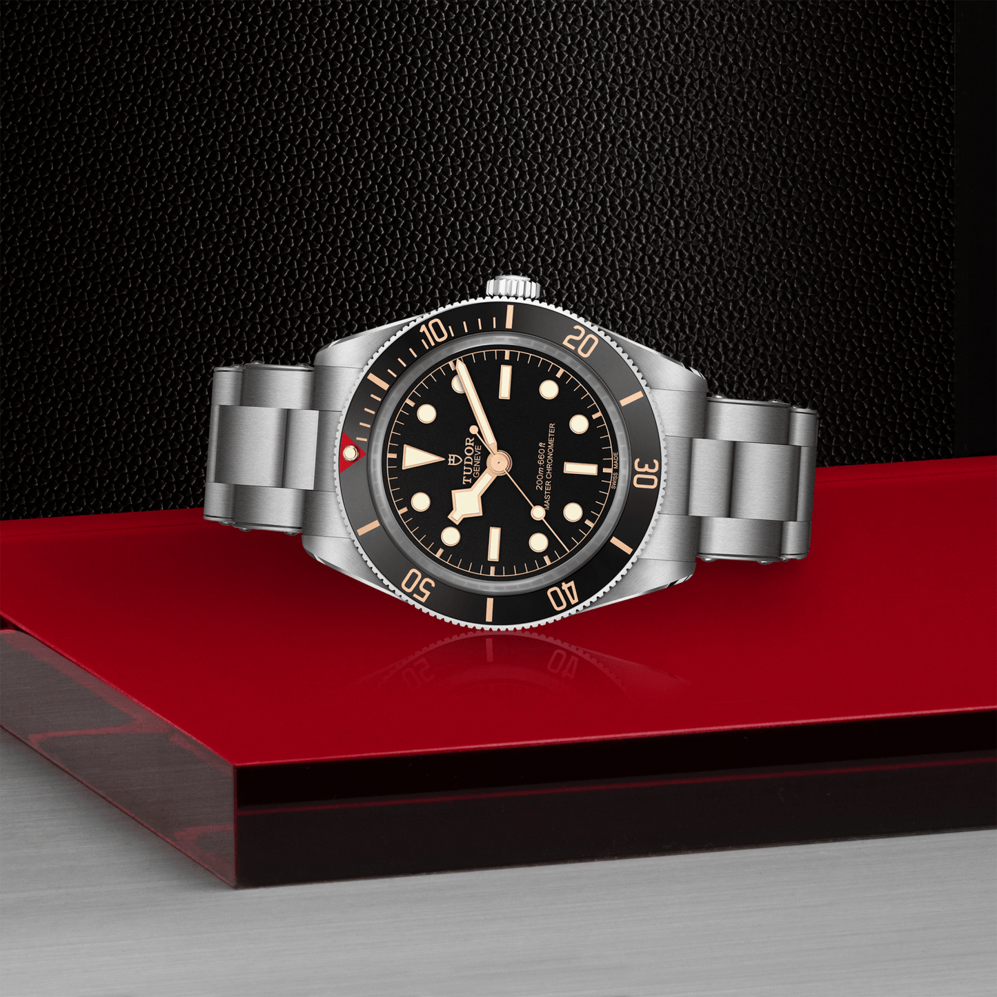 The TUDOR Black Bay 58 dive watch, crafted in stainless steel with a black dial and bezel accented by white and gold markers, is showcased on a red and black geometric platform set against a textured black background.