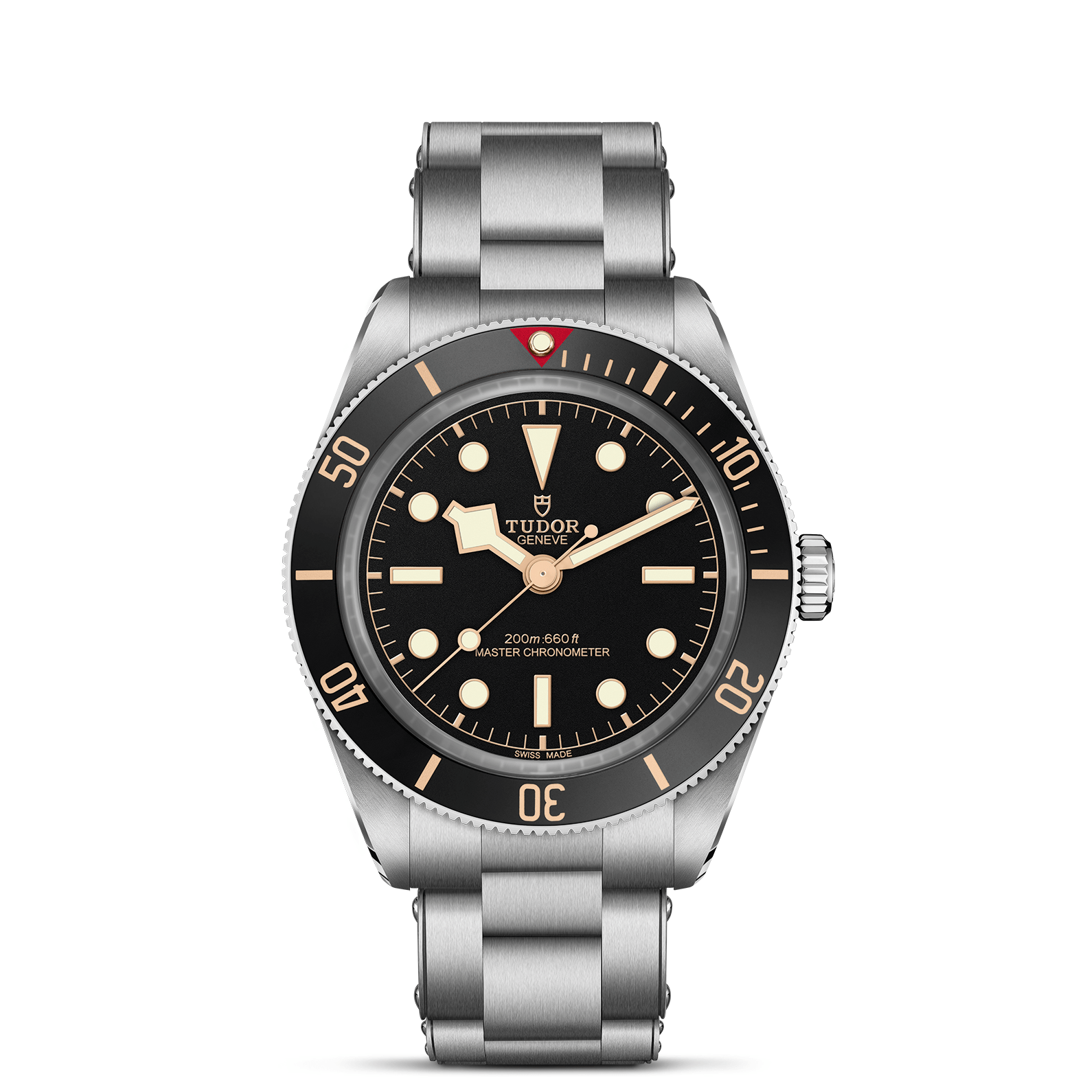 The TUDOR Black Bay 58 features a stainless steel case, black bezel with minute markers, black dial with luminous hour markers, "200m:660ft" and "Master Chronometer" on the dial, and a silver bracelet—an iconic dive watch by TUDOR.