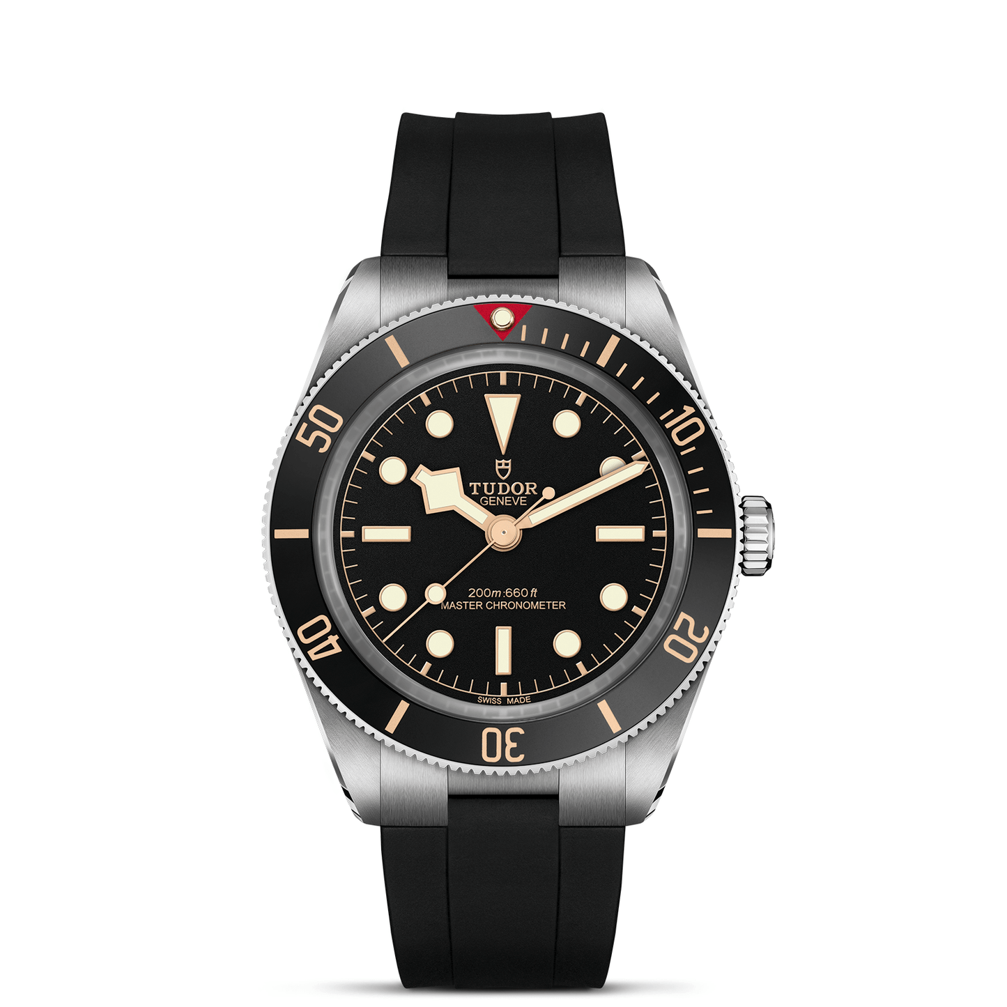 The TUDOR Black Bay 58 is a standout dive watch with a black dial, beige hour markers, luminous hands, rotating bezel featuring minute markings and a red triangle at 12 o’clock, plus a black rubber strap and stainless steel case.