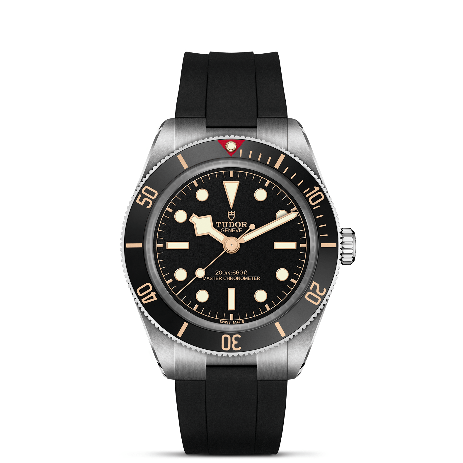 The TUDOR Black Bay 58 is a standout dive watch with a black dial, beige hour markers, luminous hands, rotating bezel featuring minute markings and a red triangle at 12 o’clock, plus a black rubber strap and stainless steel case.