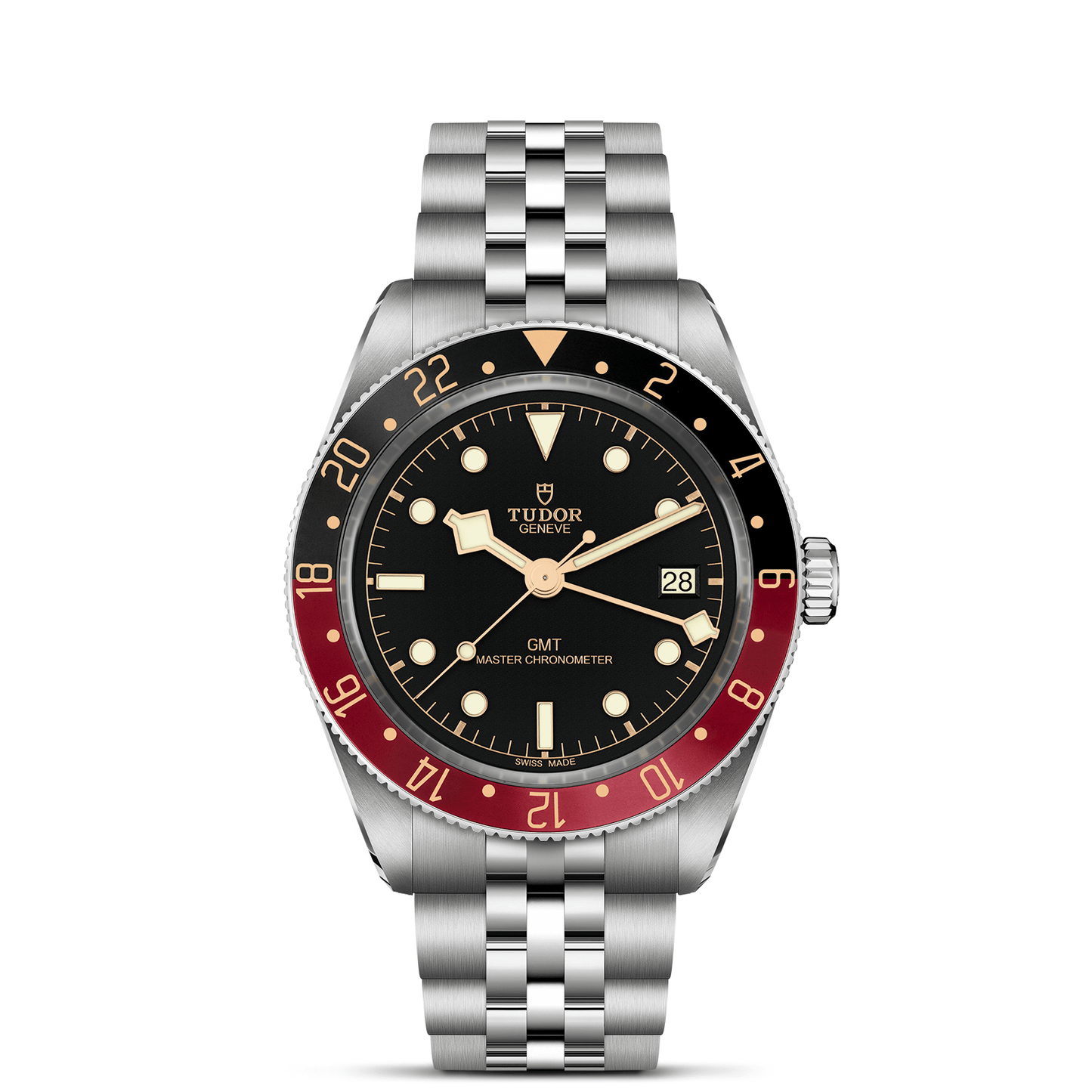 The TUDOR Black Bay 58 GMT features a stainless steel bracelet, black dial with gold hour markers, black and red bezel, date display, “GMT Master Chronometer” text, and the advanced GMT Manufacture Caliber on its dial.