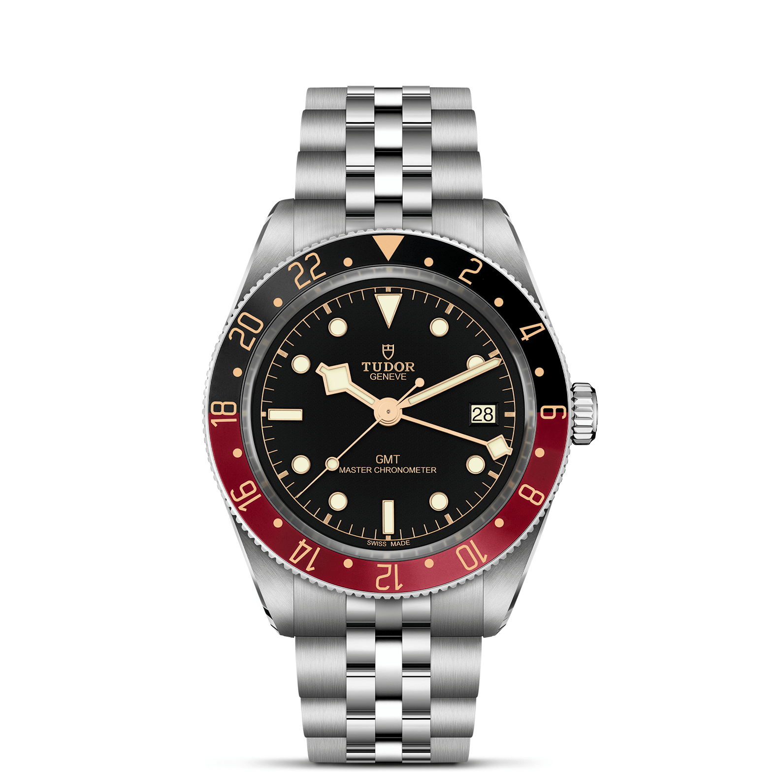 The TUDOR Black Bay 58 GMT features a stainless steel bracelet, black dial with gold hour markers, black and red bezel, date display, “GMT Master Chronometer” text, and the advanced GMT Manufacture Caliber on its dial.