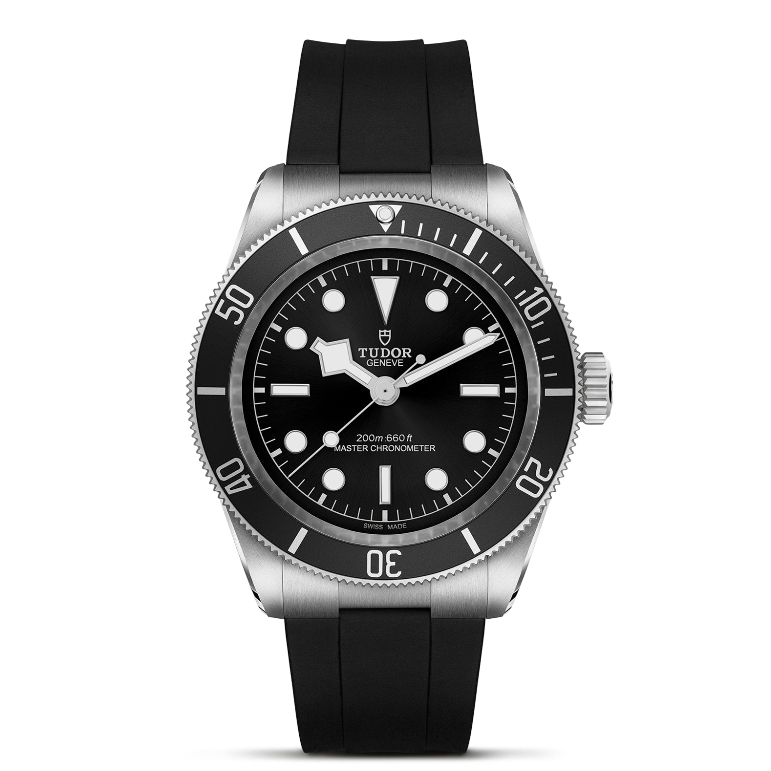 The TUDOR Black Bay is a neo-vintage dive watch with a black dial, white markers, silver bezel, and black rubber strap. Inspired by classic TUDOR divers, its face shows "Tudor Geneve" and "200m 660ft Master Chronometer.