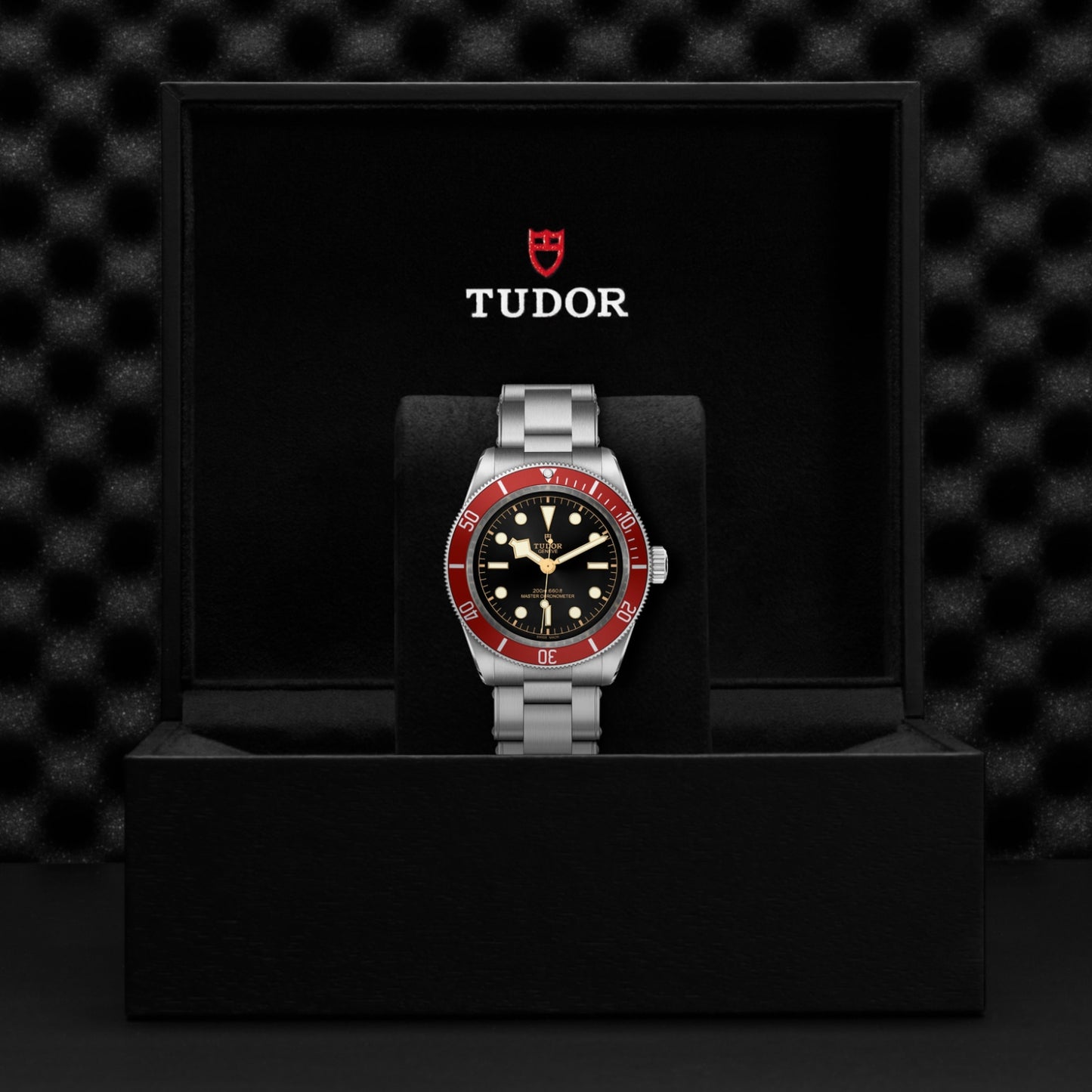 The TUDOR Black Bay wristwatch features a 41mm steel case, silver band, and red bezel, presented in a black TUDOR box with a soft backdrop. Its black dial with white and gold markers reflects the classic style of TUDOR divers’ watches.