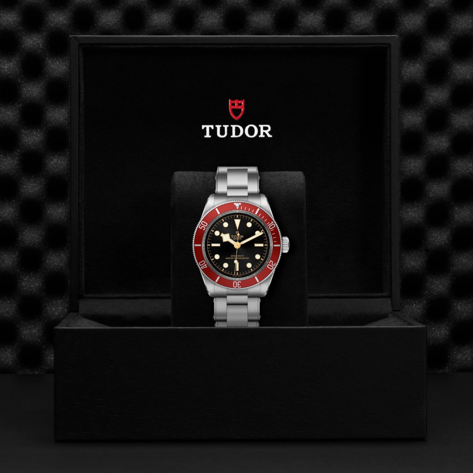 The TUDOR Black Bay wristwatch features a 41mm steel case, silver band, and red bezel, presented in a black TUDOR box with a soft backdrop. Its black dial with white and gold markers reflects the classic style of TUDOR divers’ watches.