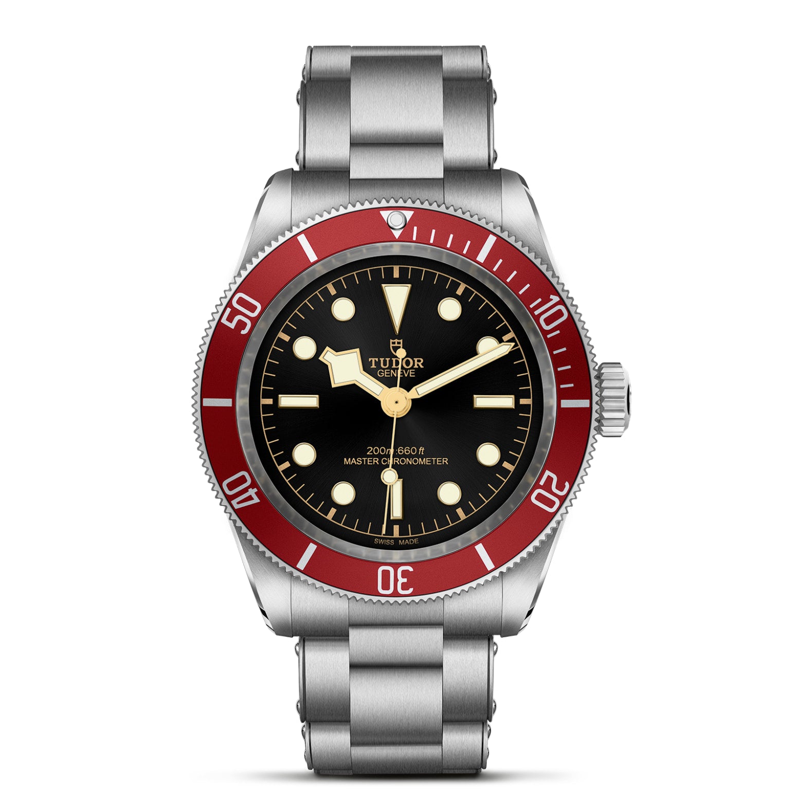 The TUDOR Black Bay features a 41mm steel case, stainless steel band, black dial, red diving bezel, luminescent hour markers, bold hour hand, and "TUDOR Geneve" branding above the center.