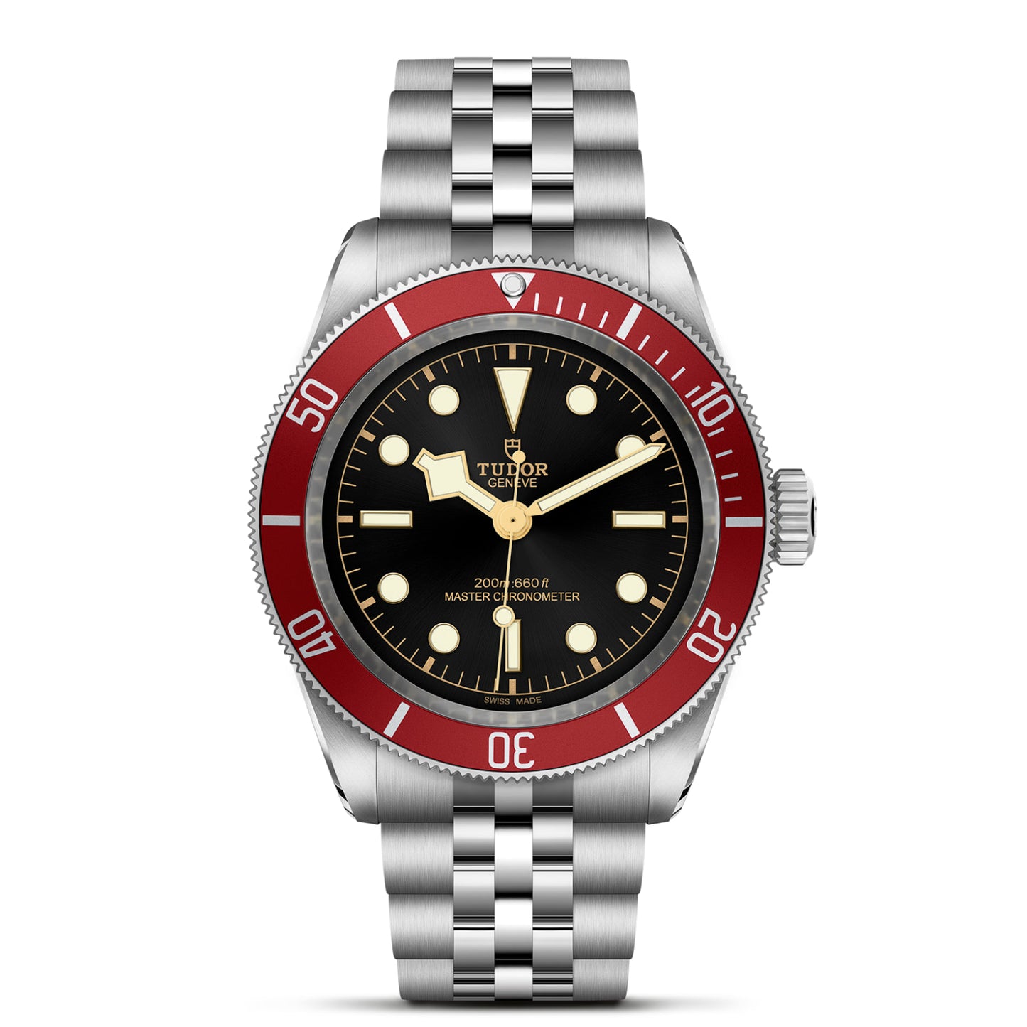 A TUDOR Black Bay neo-vintage silver dive watch with a red bezel, black dial, luminous markers, snowflake hands, and a stainless steel jubilee bracelet is displayed on a white background.