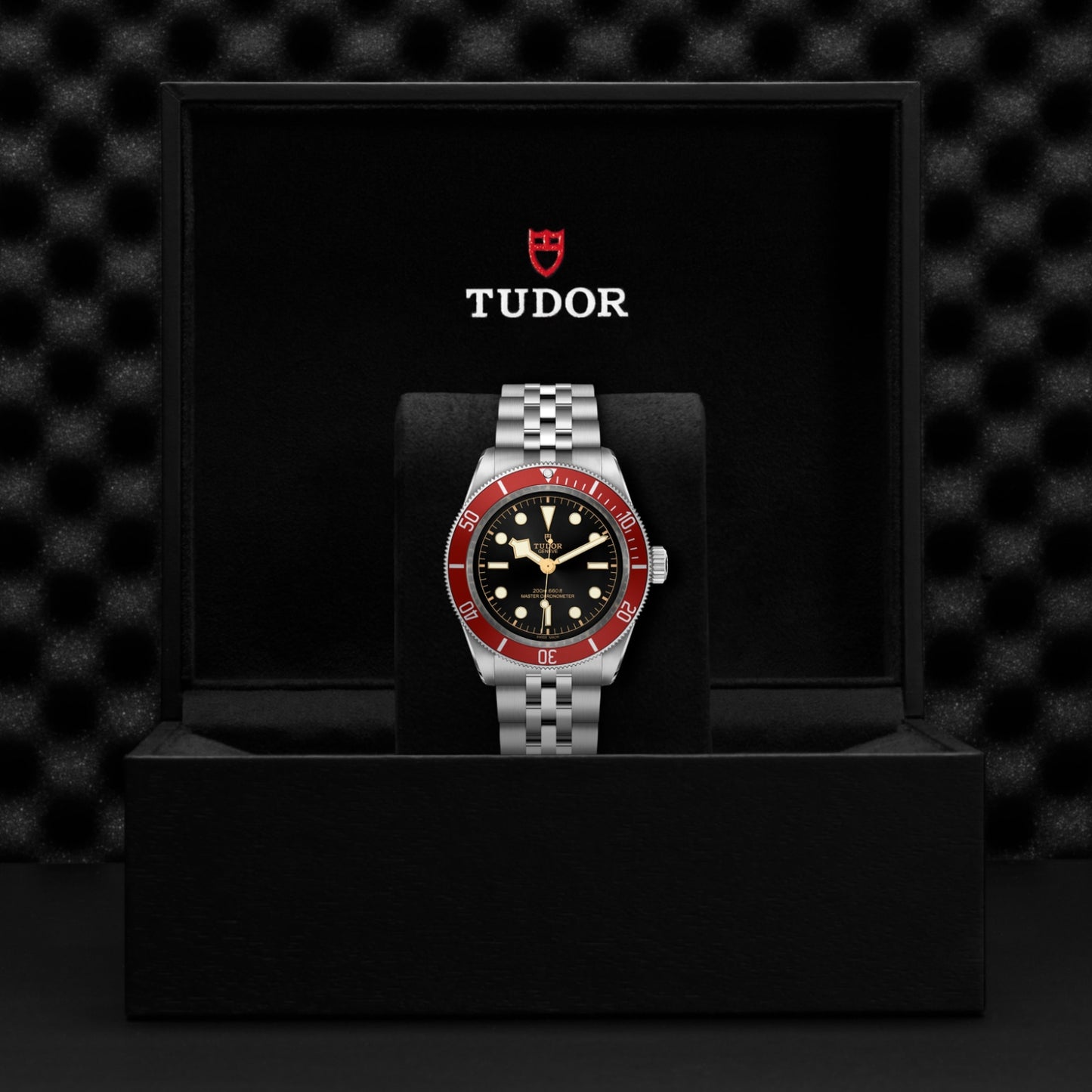 A TUDOR Black Bay wristwatch with a silver metal band, black dial, and red bezel is displayed upright in an open black TUDOR box with the brand logo visible inside the lid.