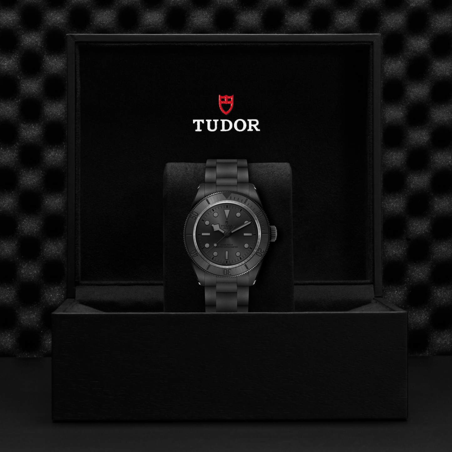 The TUDOR Black Bay Ceramic wristwatch is shown upright in an open black box with the TUDOR logo and shield, set against a textured dark background—a true Master Chronometer.