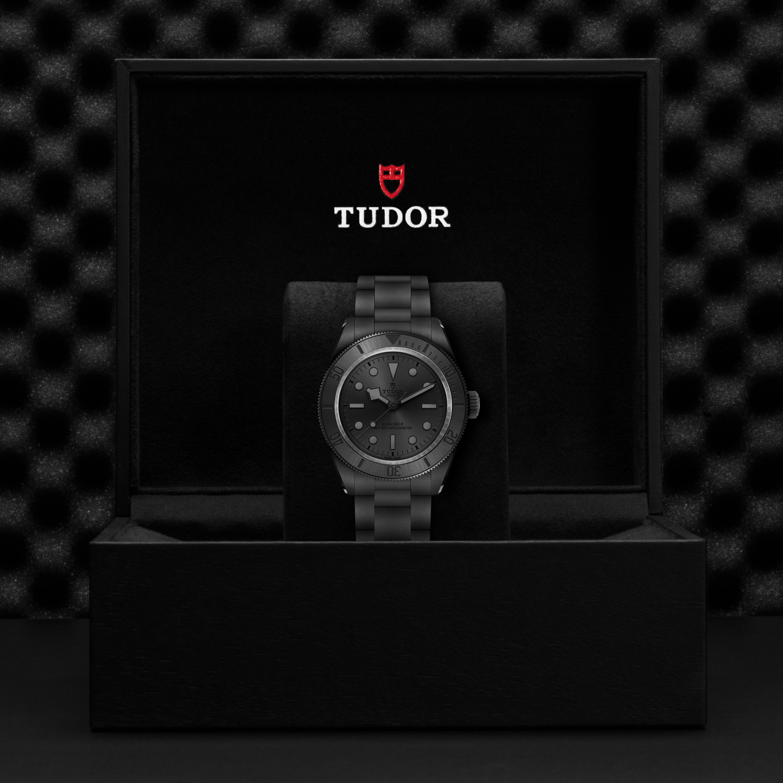The TUDOR Black Bay Ceramic wristwatch is shown upright in an open black box with the TUDOR logo and shield, set against a textured dark background—a true Master Chronometer.