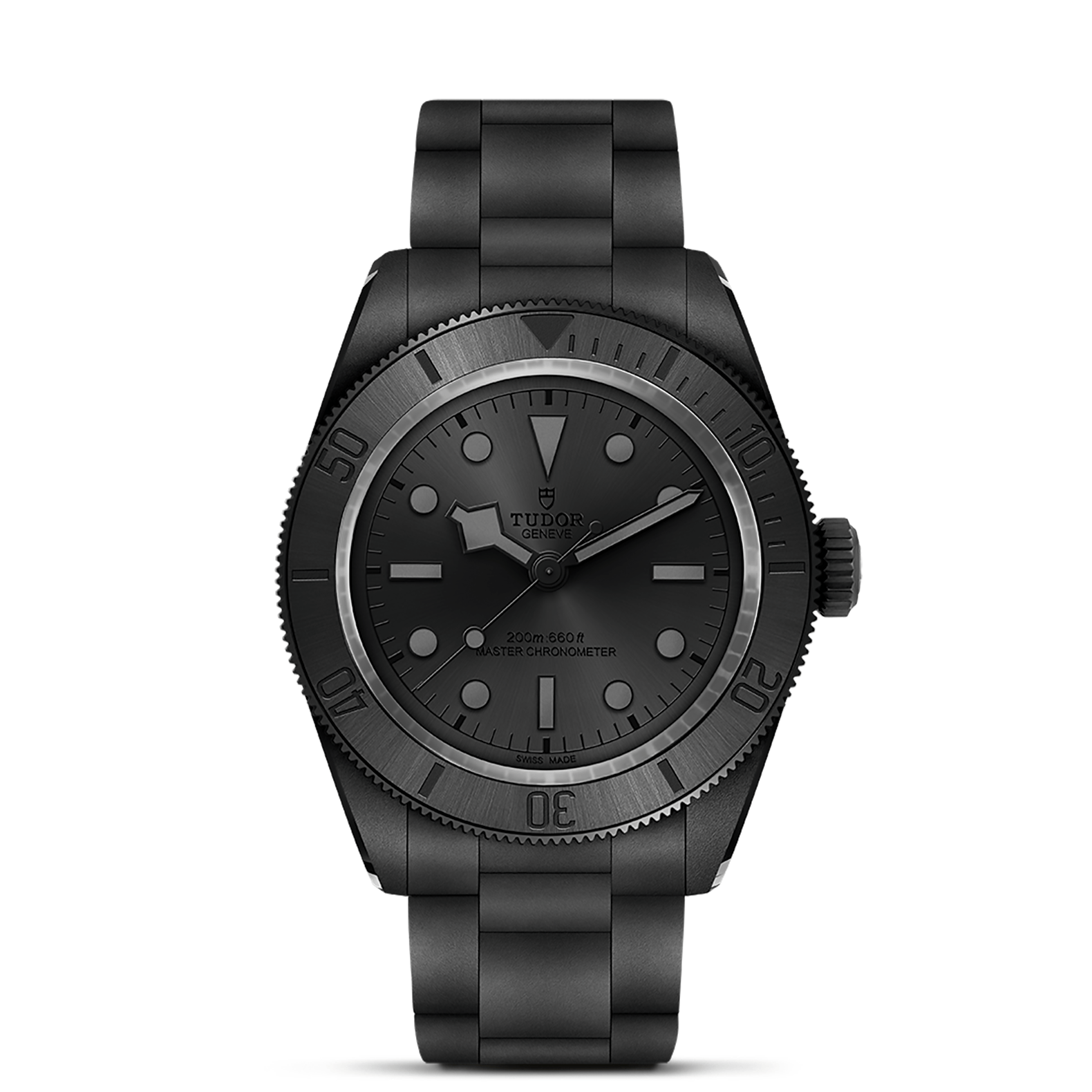 The TUDOR Black Bay Ceramic, a matte black watch with a black band, dial, and bezel plus subtle hour markers and hands, is photographed against a white background.