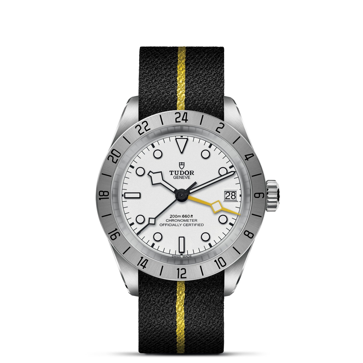 The TUDOR Black Bay Pro features a silver bezel, white dial, black hour markers, date at 3 o’clock, and a black fabric strap with yellow central stripe, combining classic style with dual time zone functionality.