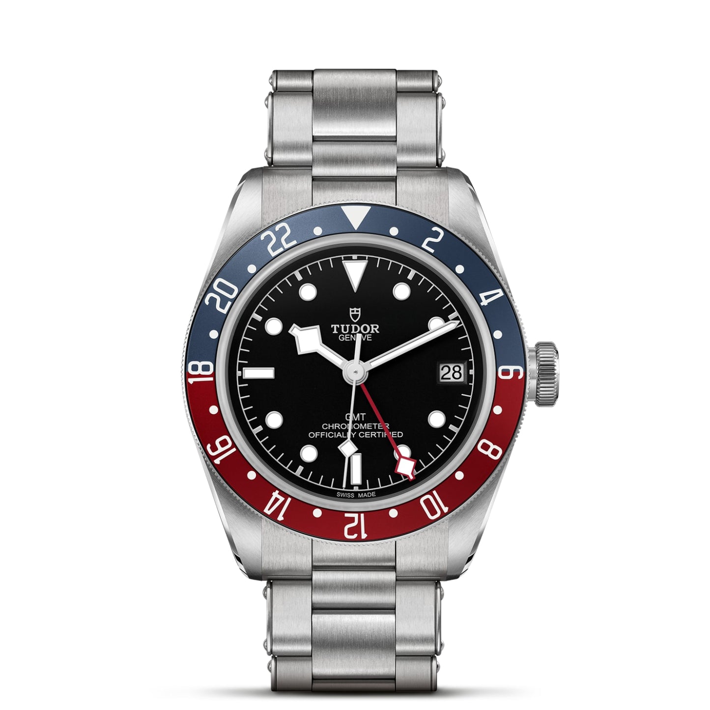 The TUDOR Black Bay GMT wristwatch features a stainless steel case and bracelet, black dial, red and blue bezel with 24-hour markers for multi-time zone function, silver hour markers, and a date window at 3 o’clock.