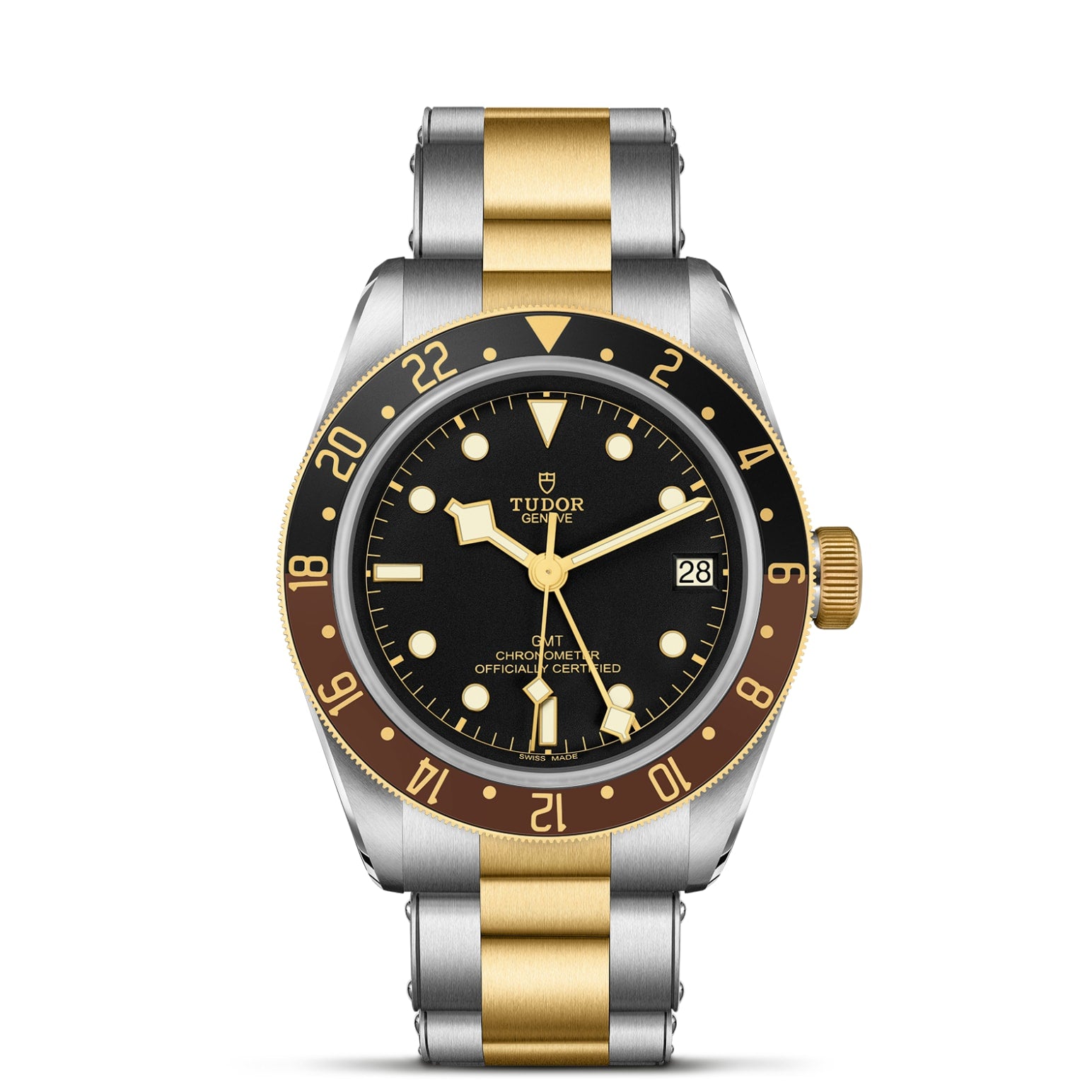 The TUDOR Black Bay GMT S&G wristwatch features a black dial with gold accents, two-tone silver and gold bracelet, rotatable bezel, multiple time-zone function, date display, and luminous hands and markers.