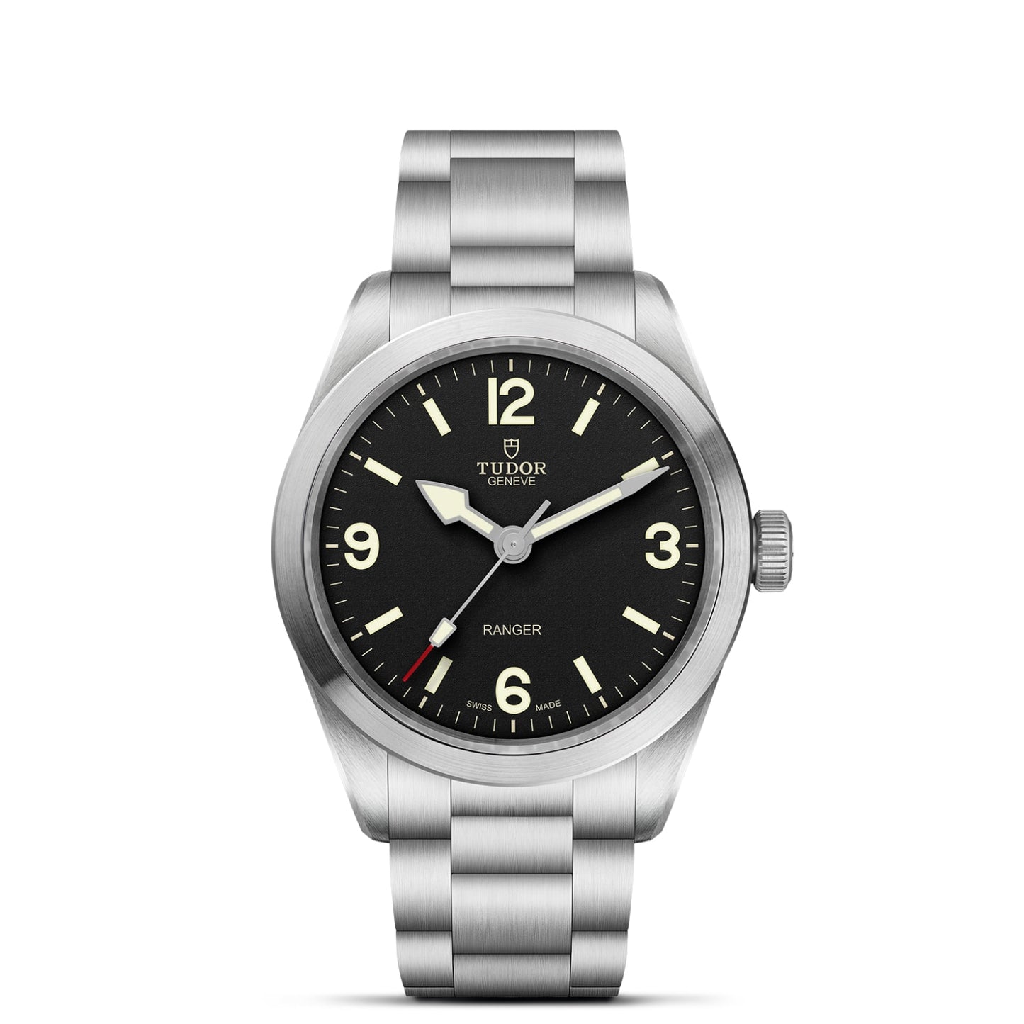The TUDOR Ranger features a 39mm stainless steel case, black dial with luminous hands and numerals, and a silver bracelet—shown here displaying the time at 10:10.