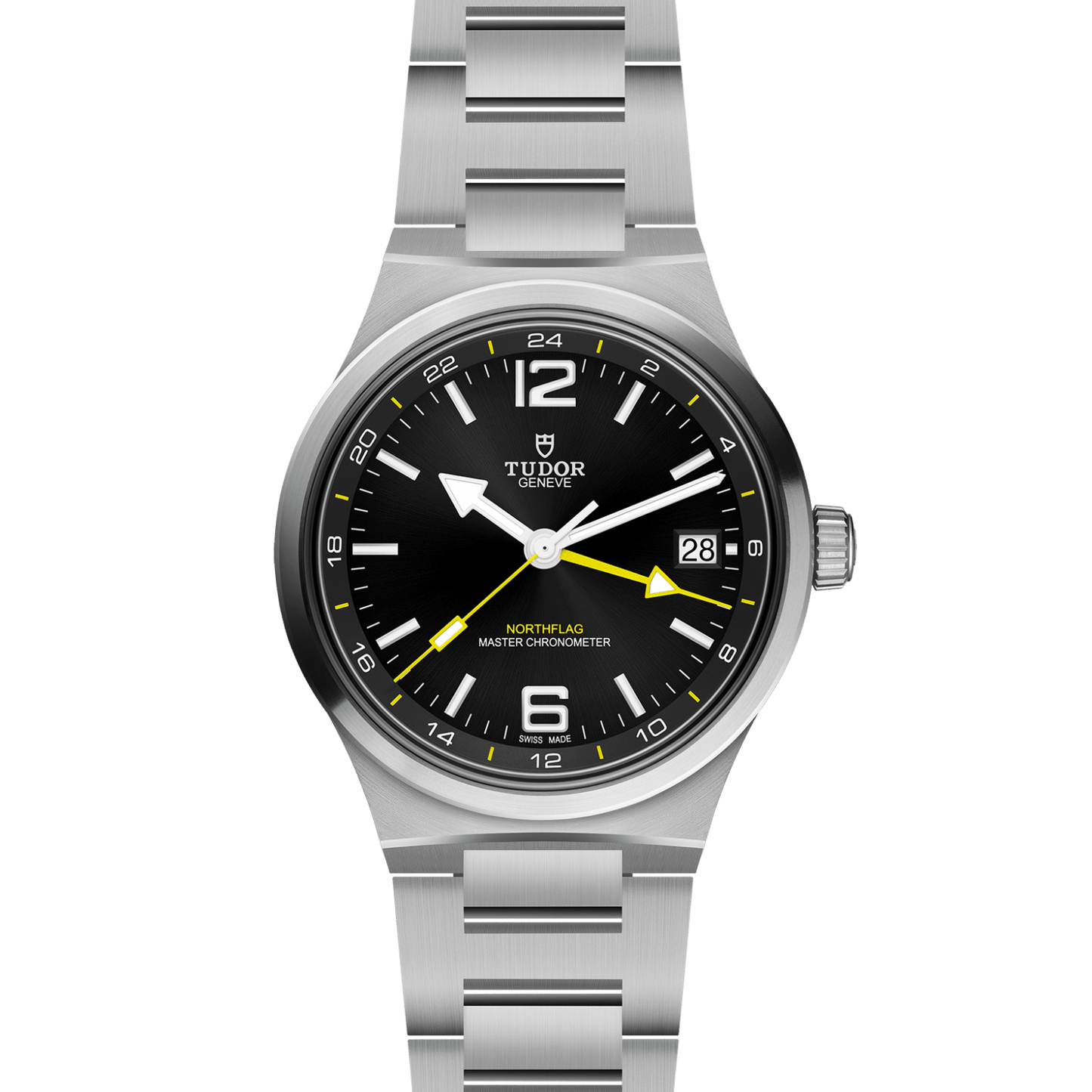 A TUDOR North Flag wristwatch by TUDOR is displayed on a white background, featuring a black dial with white numerals, yellow accents, a date display at 3 o’clock, and a stainless steel bracelet. This distinctive timepiece offers dual-time tracking with its integrated GMT function.
