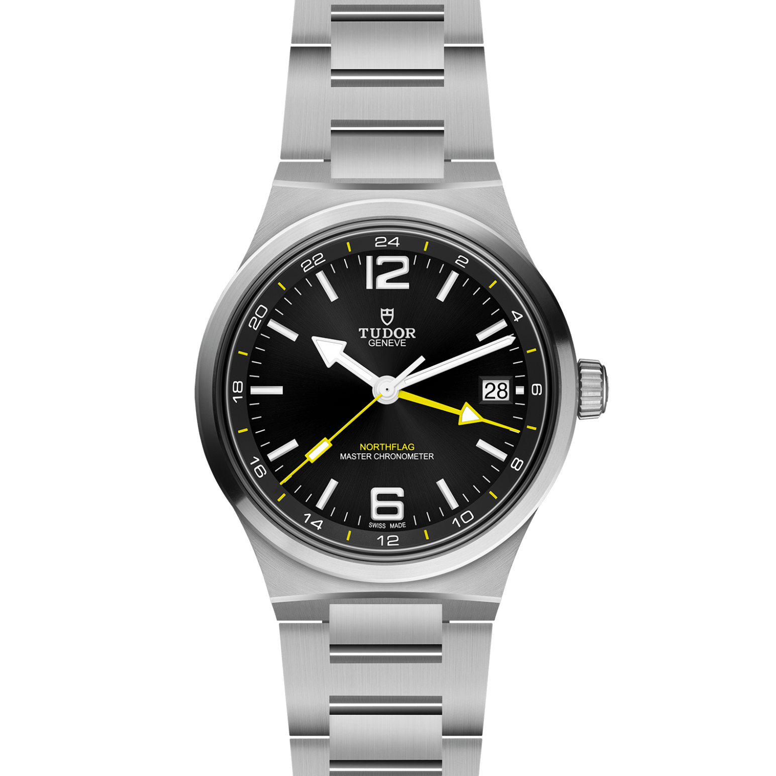 A TUDOR North Flag wristwatch by TUDOR is displayed on a white background, featuring a black dial with white numerals, yellow accents, a date display at 3 o’clock, and a stainless steel bracelet. This distinctive timepiece offers dual-time tracking with its integrated GMT function.