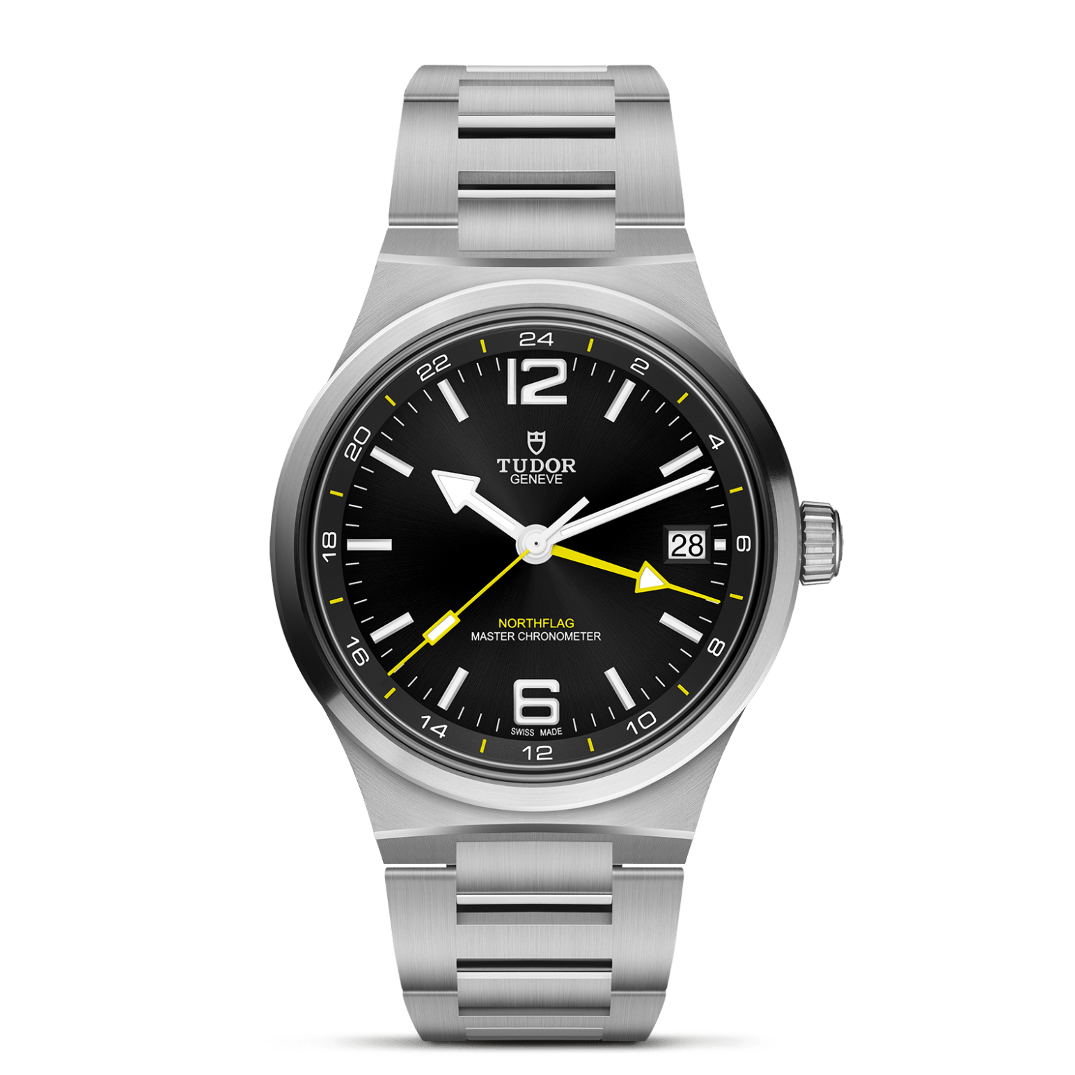 A TUDOR North Flag stainless steel wristwatch featuring a black dial, yellow GMT hand, date window at 3 o’clock, silver-tone indices, and a brushed metal bracelet exemplifies the brand’s spirit of precision—all presented against a white backdrop.