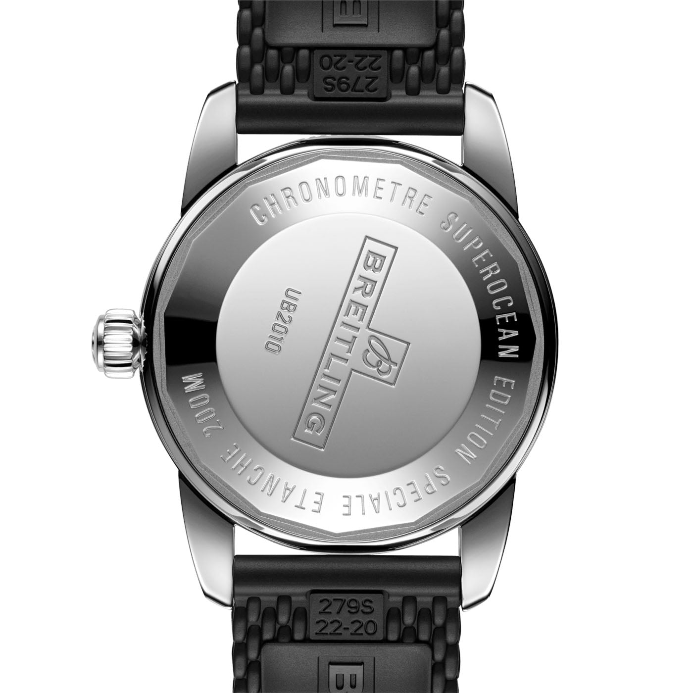 The back view of the Breitling Superocean Heritage B20 Automatic 42 reveals a silver case back engraved with "Chronometre Superocean Edition Spéciale." It is equipped with a black rubber strap featuring textured details and bears the model number "A17325." This model exemplifies the craftsmanship of the Breitling Manufacture Caliber B20.