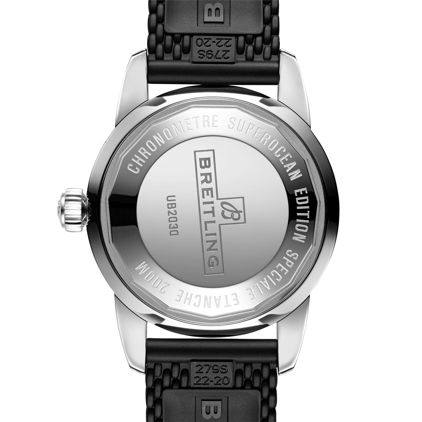 Back view of a BREITLING Superocean Heritage B20 Automatic 44 watch, showcasing a stainless steel case back with engraved details. The black rubber strap is visible, featuring the Breitling logo. Described as an "Edition Speciale," it houses the impressive Breitling Manufacture Caliber B20.