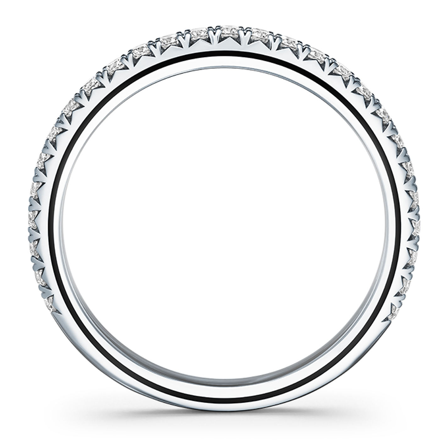 The Hearts On Fire Vela Platinum Round Brilliant Diamond Anniversary Ring is presented against a white background, highlighting its elaborate design and radiant details with small, sparkling diamonds adorning its edge.