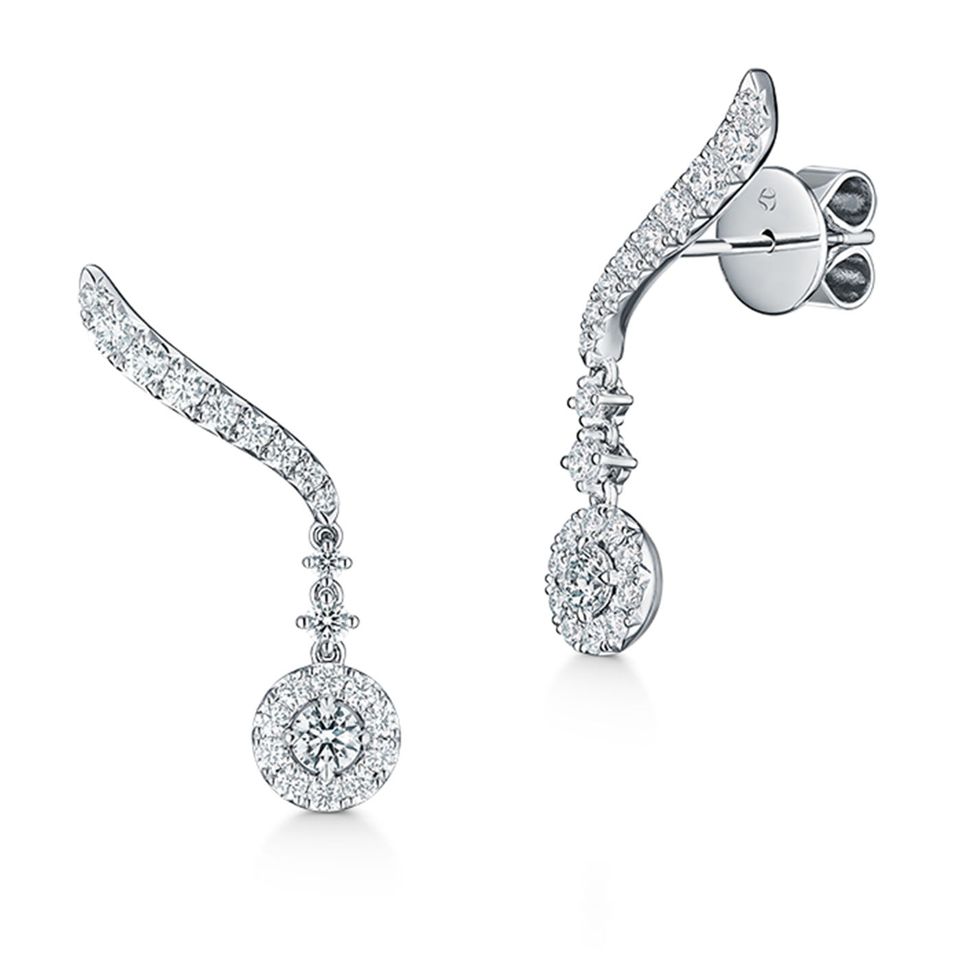 Introducing the Hearts On Fire Vela 18K White Gold Drop Earrings: These elegant earrings showcase a sophisticated curved design encrusted with small, sparkling diamonds. Each earring features a round diamond centerpiece gracefully hanging beneath the curve, epitomizing luxury and sophistication as part of our Fine Jewelry Collection by Hearts on Fire.