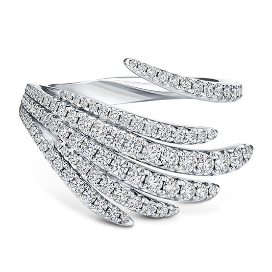 The Hearts On Fire Vela 18K White Gold Round Brilliant Diamond Fashion Ring from Hearts on Fire is an exquisite piece featuring a unique design with overlapping, curved bands adorned with round diamonds, reminiscent of a feather-like appearance.