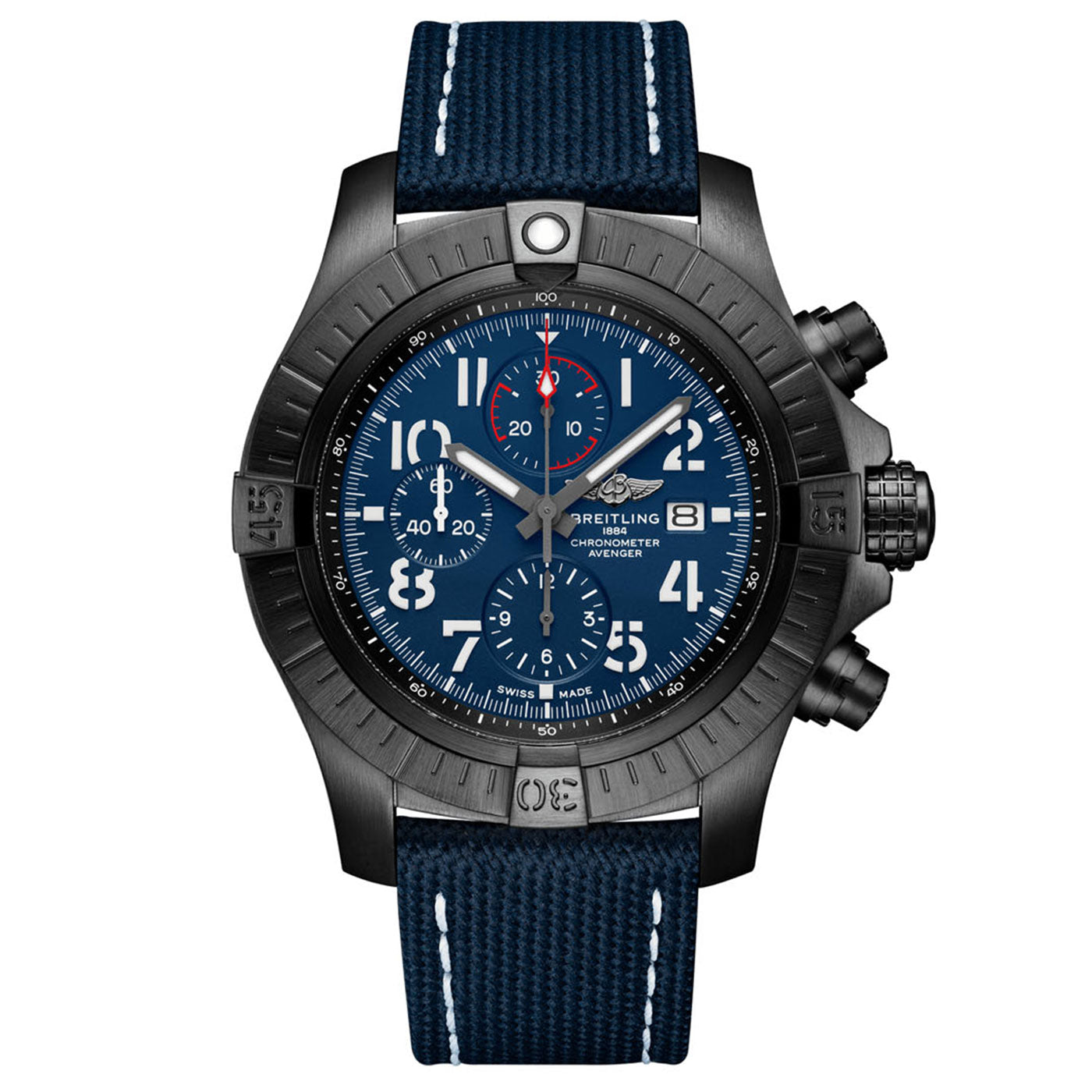 The Certified Pre-Owned BREITLING Super Avenger Chronograph 48 Night Mission by Breitlin1 is a true masterpiece. It boasts a DLC-coated titanium case, an eye-catching blue dial with white numerals, three subdials, and a date window. The piece is completed with a blue strap adorned with white stitching.