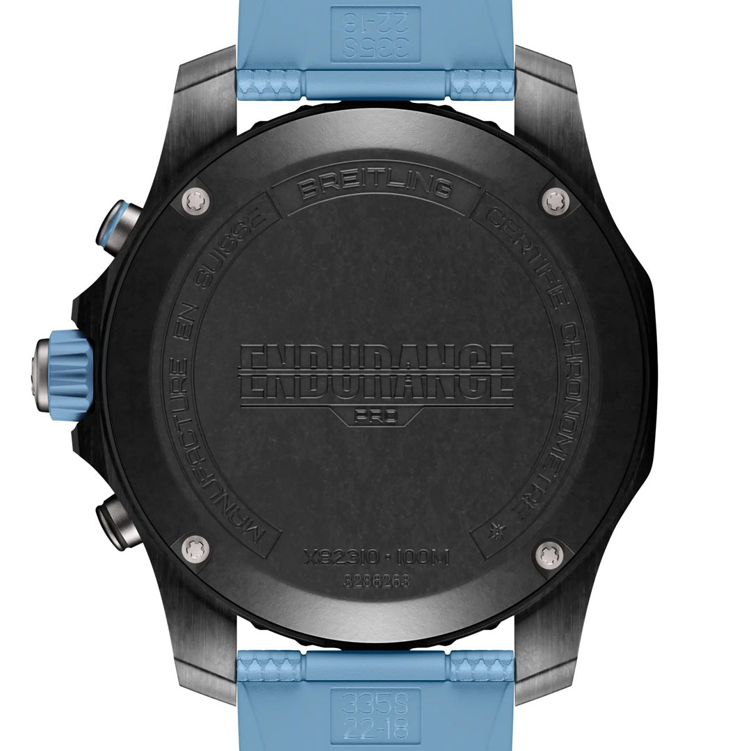 The Breitling Professional Endurance Pro 44’s black case, blue strap, and engraved details like “Endurance” and “Swiss Made” showcase this lightweight chronograph as the ultimate athleisure watch.