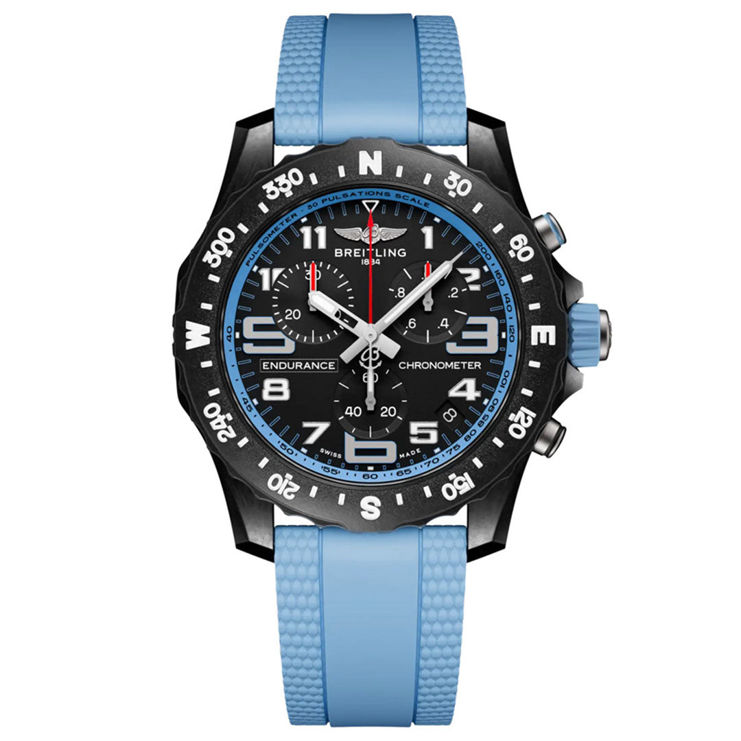 The Breitling Professional Endurance Pro 44 is a sporty chronograph with a black dial, white numerals, multiple sub-dials, a compass-marked bezel, and a textured light blue rubber strap—ideal for athleisure style.