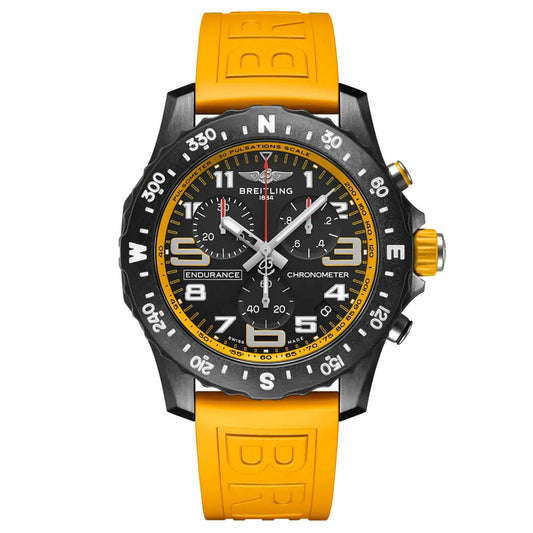 The BREITLING Endurance Pro, a sporty chronograph wristwatch by Breitling, is distinguished by its ultra-light Breitlight® case and vibrant yellow rubber strap. It features a black dial with white numbers and indices, complemented by three sub-dials and a tachymeter scale on the bezel for precision in its rugged design.