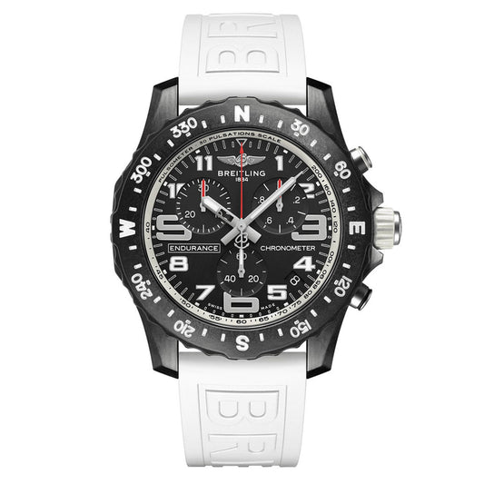 The BREITLING Endurance Pro by Breitling is an athleisure timepiece made from ultra-lightweight Breitlight®, featuring a black dial with white numerals and hands. It includes three subdials, a tachymeter scale on the bezel, and is matched with a white rubber strap embossed with "BREITLING.