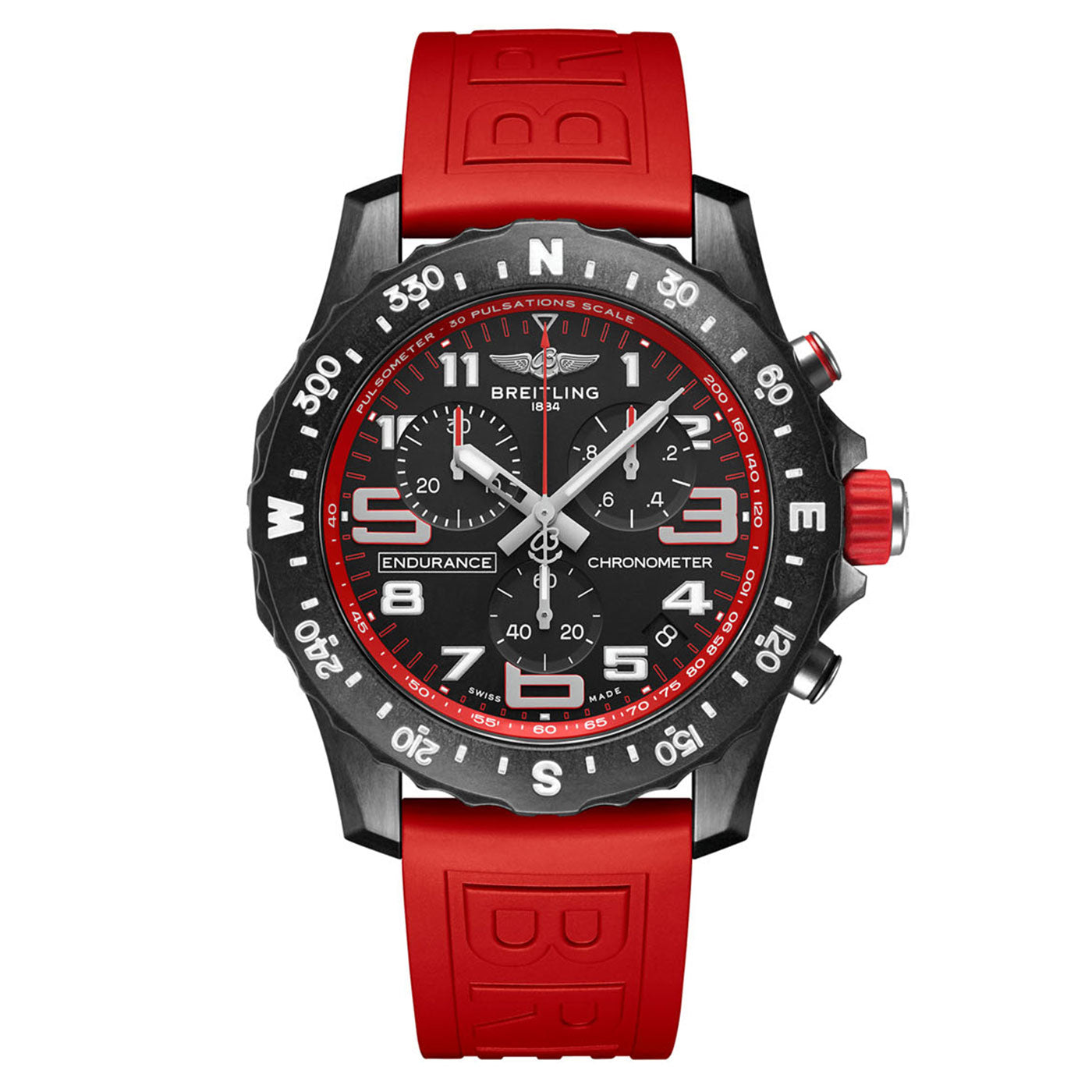 The BREITLING Endurance Pro, crafted in Switzerland by Breitling, showcases a black dial with red accents on the chronograph dials. It is equipped with a red rubber strap and a black bezel displaying bold white numbers, accompanied by a pulsimeter scale.