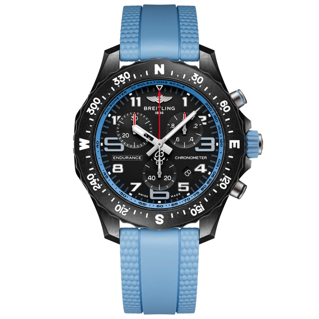 The BREITLING Endurance Pro 38 by Breitling is a luxury sports chronograph wristwatch with a black dial, white hour markers, three subdials, and a minute indicator bezel. It has an ultra-light Breitlight® case and comes with a light blue textured rubber strap, perfect for athleisure lovers.