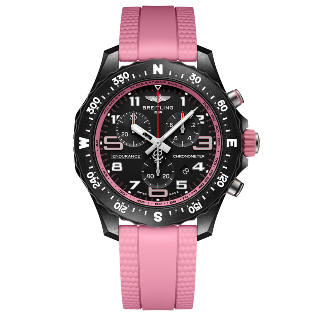 The BREITLING Endurance Pro 38 by Breitling is a sporty watch with a black dial, white numerals, three sub-dials, and a directional bezel. It features a durable Breitlight® case, textured pink strap, and metallic side buttons for the ultimate athleisure style.