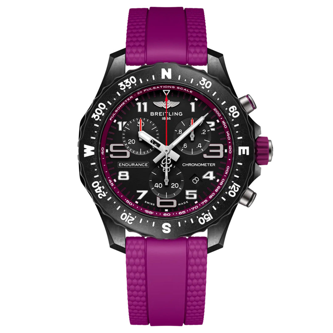 The BREITLING Endurance Pro 38 by Breitling is a vibrant athleisure watch featuring a purple rubber strap, detailed black dial with multiple small dials, white hour markings, and a Breitlight® bezel with compass directions and numeric increments for a sporty, rugged design.