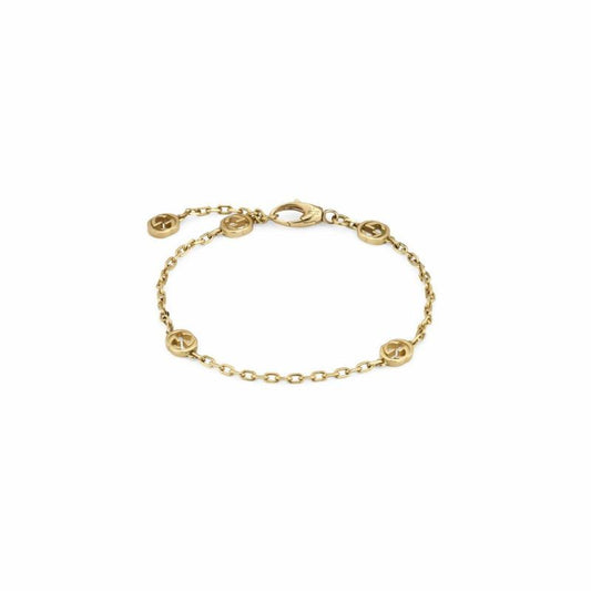 The Gucci Interlocking G 18K Yellow Gold Station Bracelet by GUCCI Fine Jewellery is an elegant piece adorned with multiple circular charms showcasing interlocking G logos, all secured by a lobster clasp.