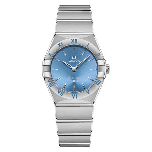 The OMEGA Constellation Quartz 28mm Watch features a stainless steel band and a celestial blue dial adorned with silver Roman numerals, refined hour markers, and a central star motif.