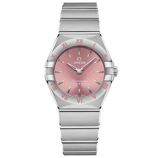 The OMEGA Constellation Quartz 28mm Watch shines with its stainless steel case and captivating pink dial. Silver hour markers, red Roman numerals, and a date window at 6 o'clock add to its sophisticated appeal. Completed with a silver bracelet, this timepiece blends classic allure with a contemporary design.