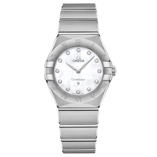 The OMEGA Constellation Quartz 28mm Watch radiates elegance with its silver finish and a captivating mother-of-pearl dial, accentuated by shimmering diamond hour markers. Roman numerals embellish the bezel, and a polished stainless steel bracelet adds the perfect touch to this refined timepiece by OMEGA.