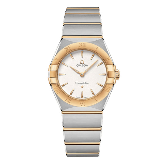 The OMEGA Constellation Quartz 28mm Watch is a stunning luxury wristwatch boasting an 18K yellow gold and silver two-tone bracelet. Its round dial is highlighted by a gold bezel adorned with Roman numerals, complemented by a silver face and refined gold hands. The signature "OMEGA Constellation" name proudly embellishes the dial, driven by the dependable Calibre 4061 movement.
