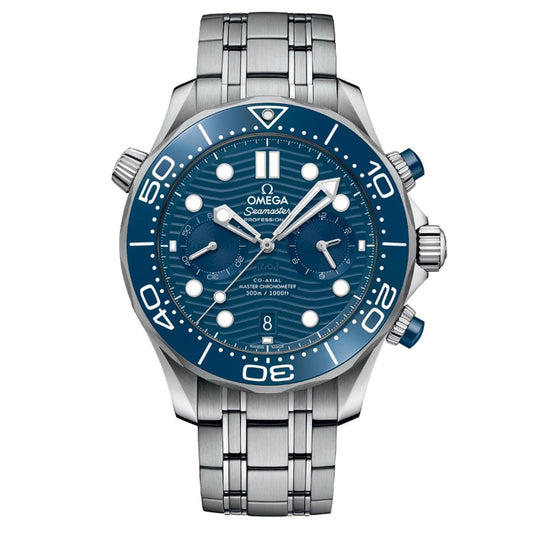 The OMEGA Seamaster Diver 300M Co-Axial Master Chronometer Chronograph 44mm Watch, crafted by OMEGA, features a striking blue dial adorned with white hour markers and hands. It includes chronograph subdials, a date display at the 6 o'clock position, and a robust stainless steel bracelet. The bezel is equipped with a minute scale and has a crown on the side.