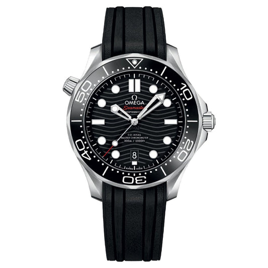 The OMEGA Seamaster Diver 300M Co-Axial Master Chronometer 42mm watch features a stainless steel case with a black wave-patterned dial, white hour markers, and a rubber strap. It includes a black ceramic bezel with a silver minute scale. Powered by the OMEGA Master Chronometer Calibre 8800, the watch also has a date display at the 6 o'clock position.