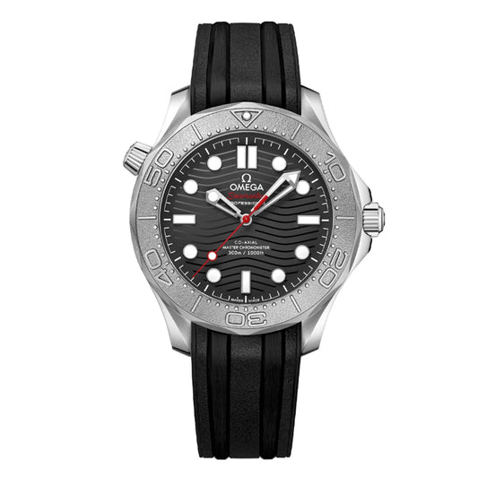 The OMEGA Seamaster Diver 300M Co-Axial Master Chronometer 42mm Watch Nekton Edition features a black wavy-patterned dial with white hour markers, highlighted by a vibrant red second hand and a date window positioned at 6 o'clock. It comes equipped with a black rubber strap and features a rotating bezel accented with silver detailing.
