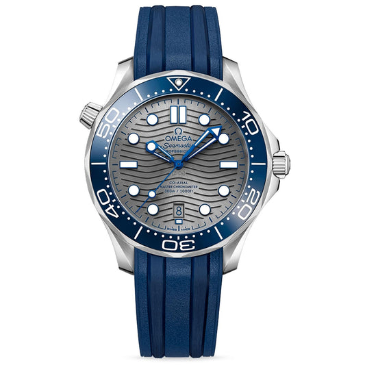 This luxurious wristwatch, the OMEGA Seamaster Diver 300M Co-Axial Master Chronometer 42mm Watch, showcases a beautiful silver and blue design. It includes a blue rubber strap and an eye-catching blue ceramic bezel with white markings, enhanced by a textured silver dial featuring blue hour markers. The OMEGA brand name is elegantly displayed on the dial.