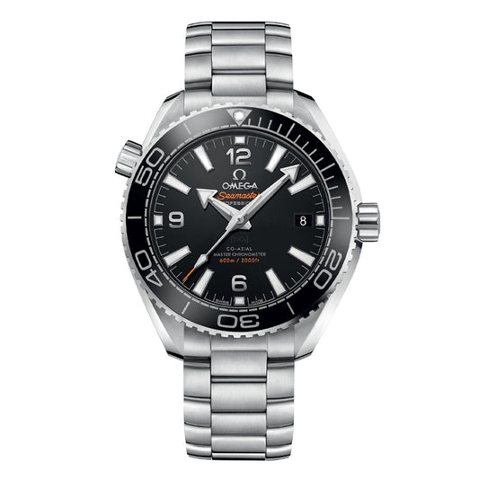 The OMEGA Seamaster Planet Ocean 600M Co-Axial Master Chronometer 39.5mm Watch showcases a black dial with white hour markers and a date display at the 3 o'clock position. Ideal for diving, it is equipped with a rotating bezel featuring minute markers and comes with a stainless steel bracelet.