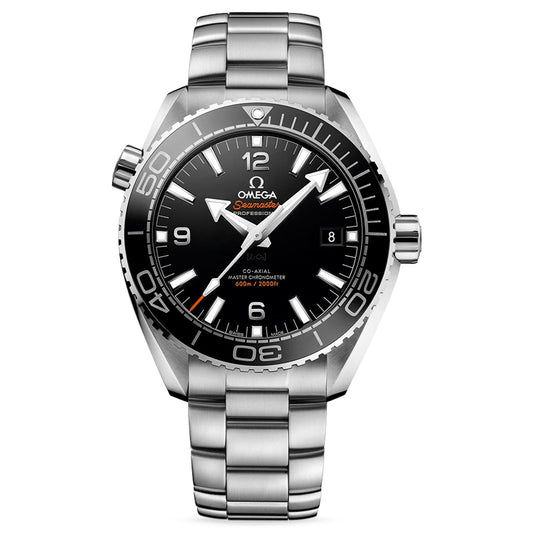 An OMEGA Seamaster Planet Ocean 600M Co-Axial Master Chronometer 43.5mm watch in silver, designed with a black dial and bezel, large white hour markers, a date window, and an orange second hand. The depth rating of "600m / 2000ft" is prominently displayed on the dial of this exquisite timepiece from OMEGA.